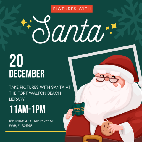 Image has a green background and a cartoon image of Santa with a mug and cookie in the corner. It contains information found in the event description.