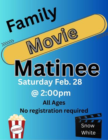 yellow long oval with Movie inside. popcorn bucket, movie sign with Snow White on sign