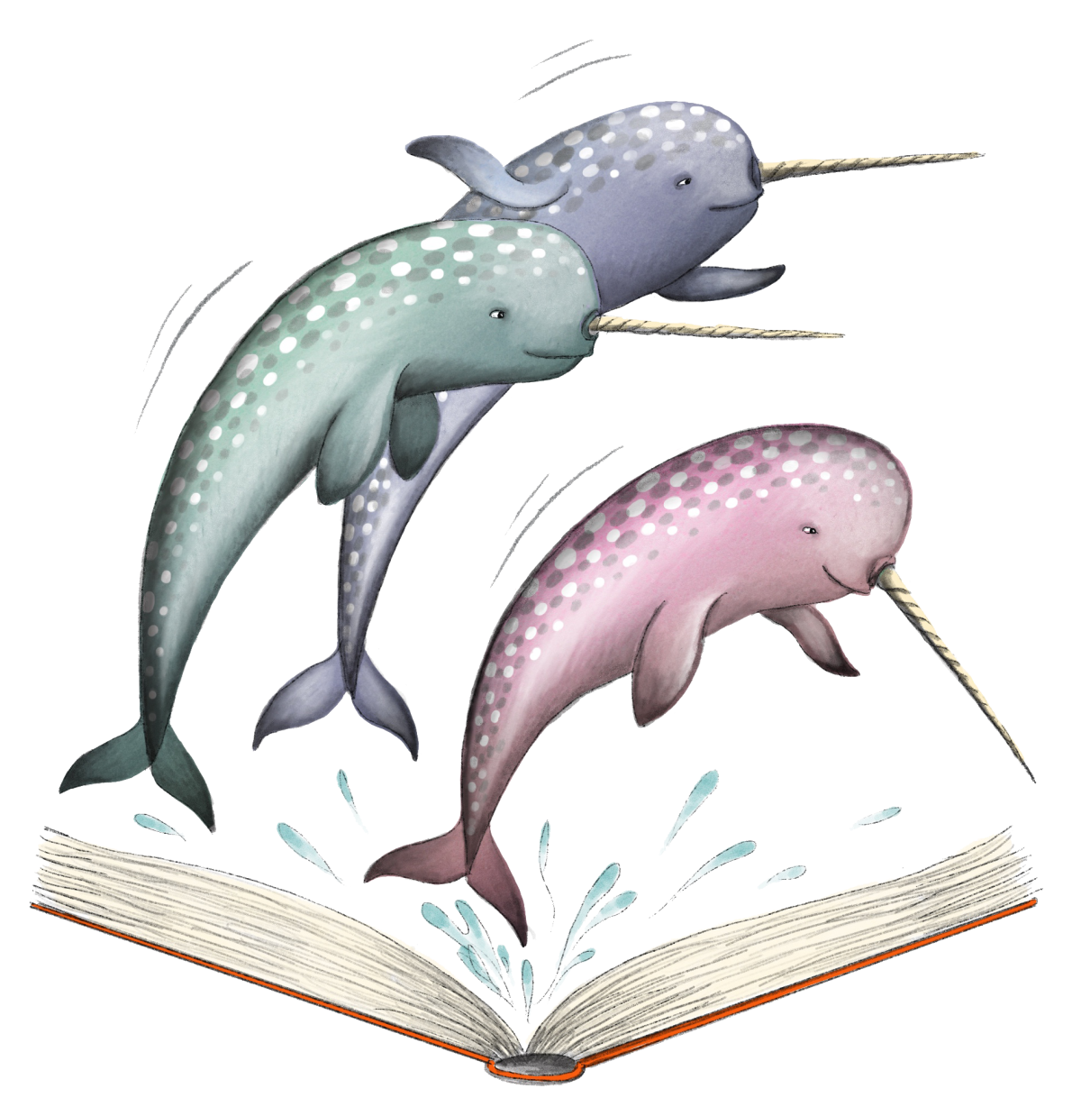narwhals jumping out of an open book