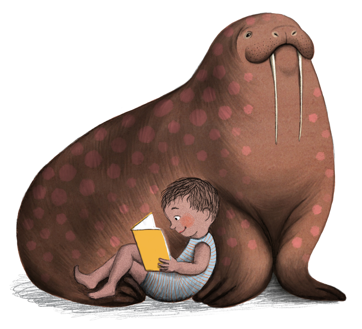 boy cuddled up to walrus to read a book