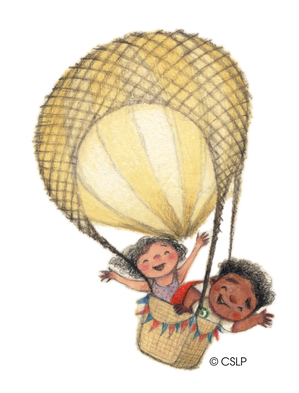 children riding in a hot air balloon