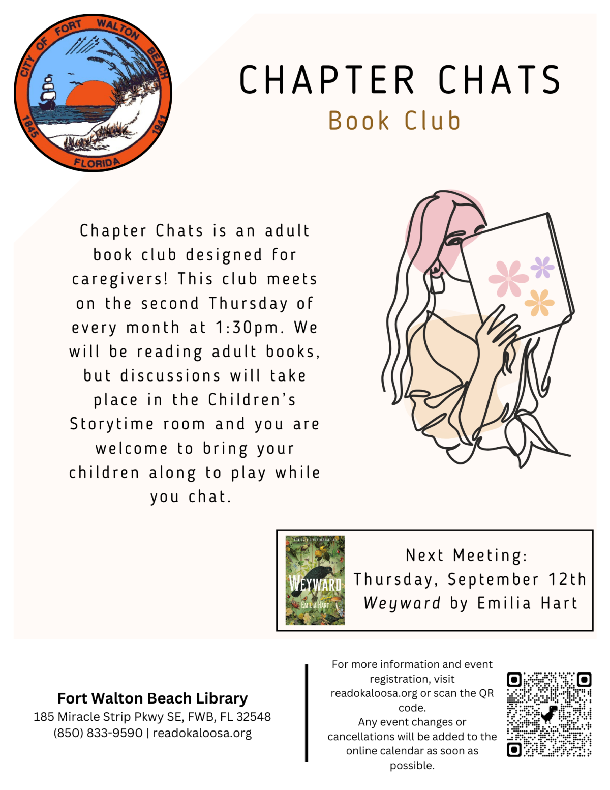 Image is a flyer with a tan background with a line drawing of a person reading a book. It reads "Chapter Chats" and contains the information found in the event details.