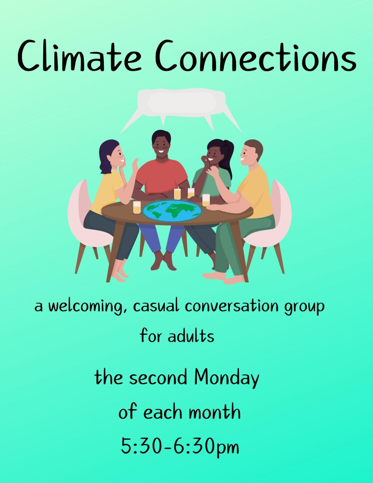 gradient green background with a group of diverse people at a table with the earth on top in conversation