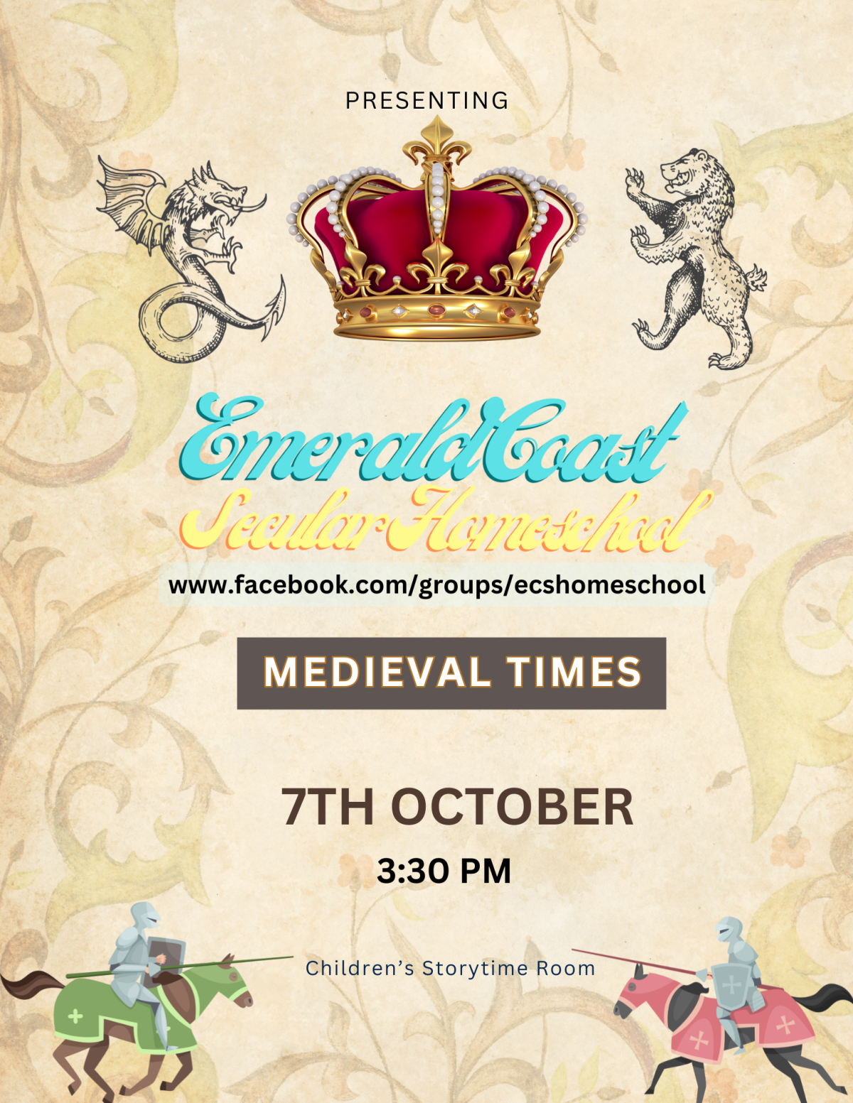 Image has a tan background with a crown and various royal images. It contains the information found in the event details.