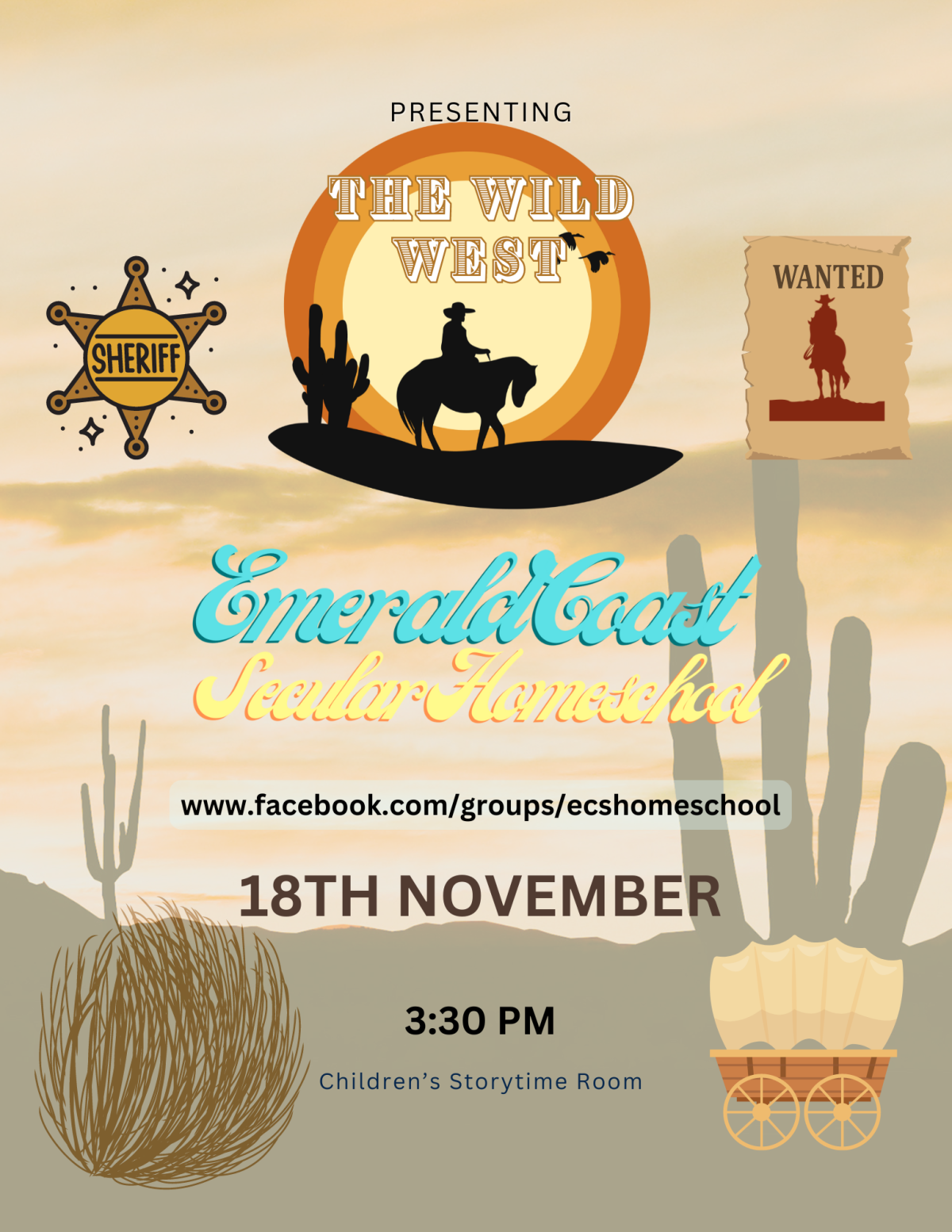 Image has a desert background with wild west-related cartoon images. It contains information found in the event details.