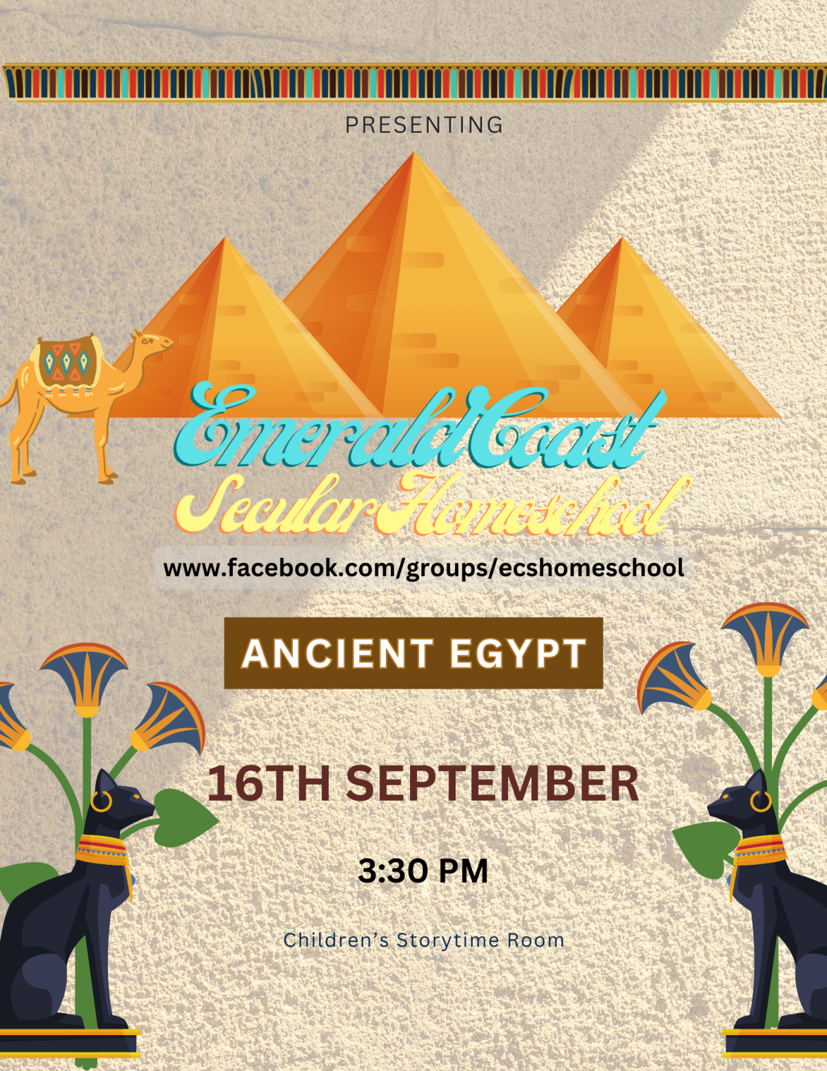 Image has cartoon images of the pyramids and black cats. It contains the information found in the event details.