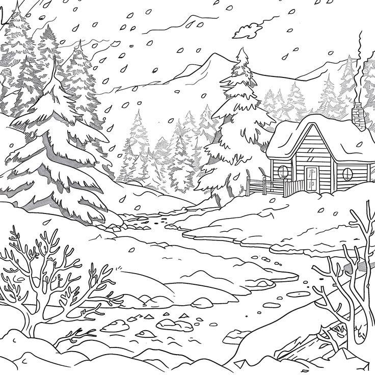 trees covered with snow, cabin in distance, snow capped mountain in distance.