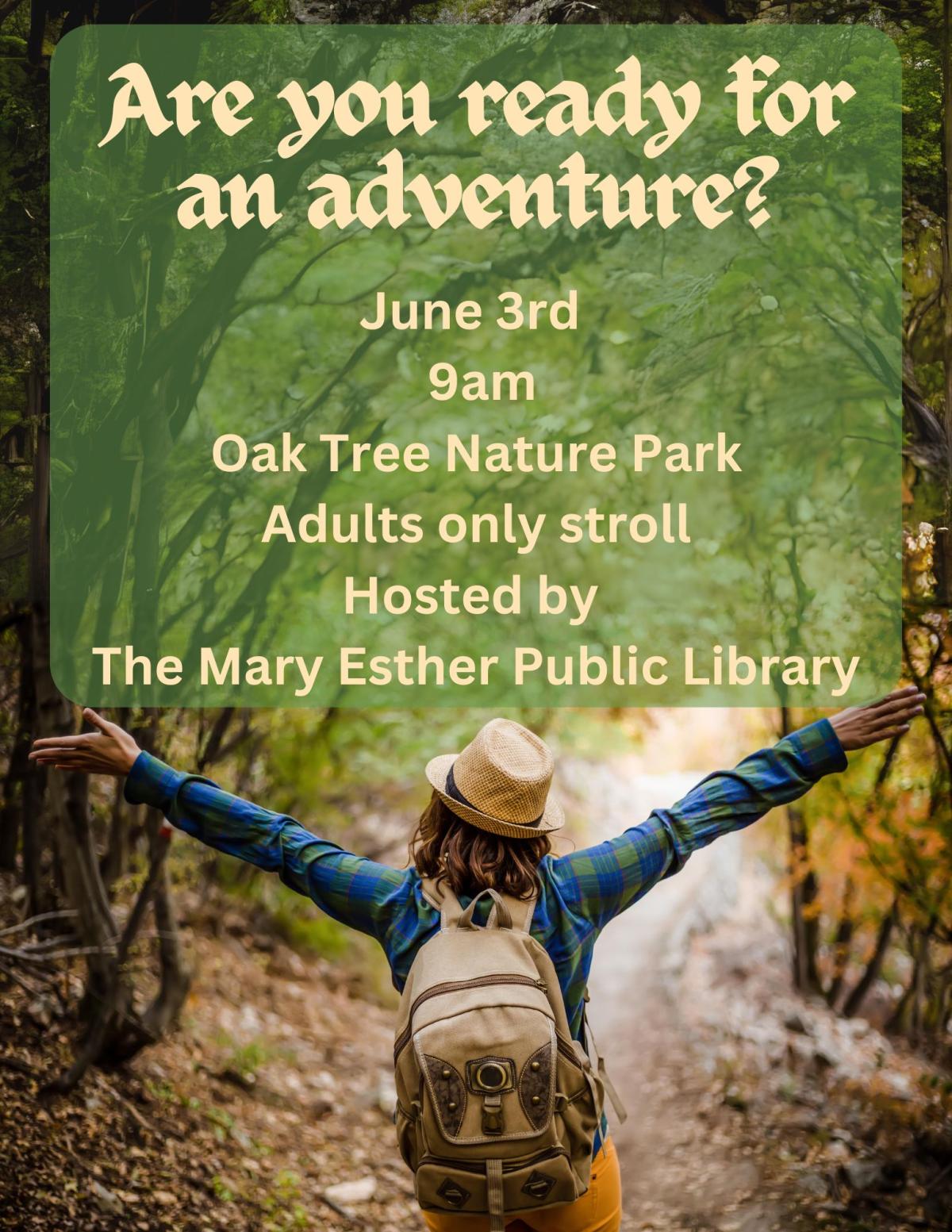 person hiking in the trees with arms up in joy along with details of event