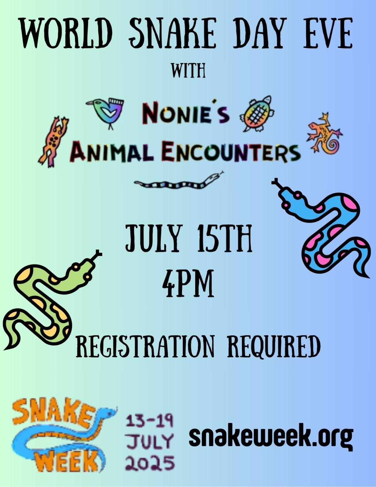 purple and green gradient background with colorful snakes and event information