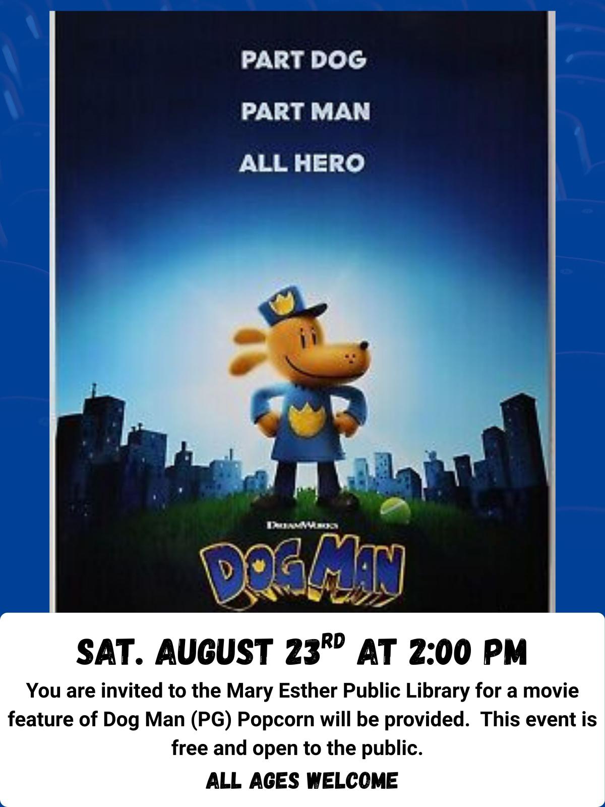 Picture of Dog Man character with blue background.