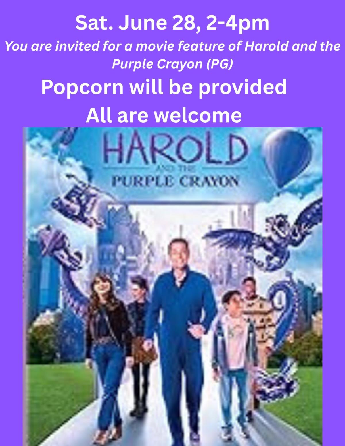purple background, image of movie poster, June 28, 2-4pm