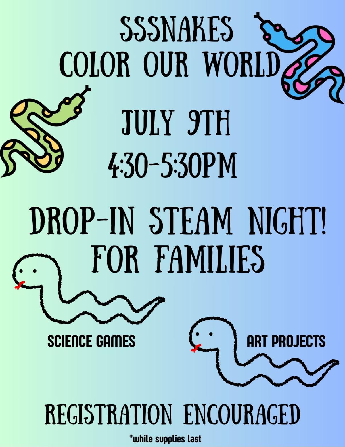 blue green gradient background with colorful snakes and snake outlines and event details