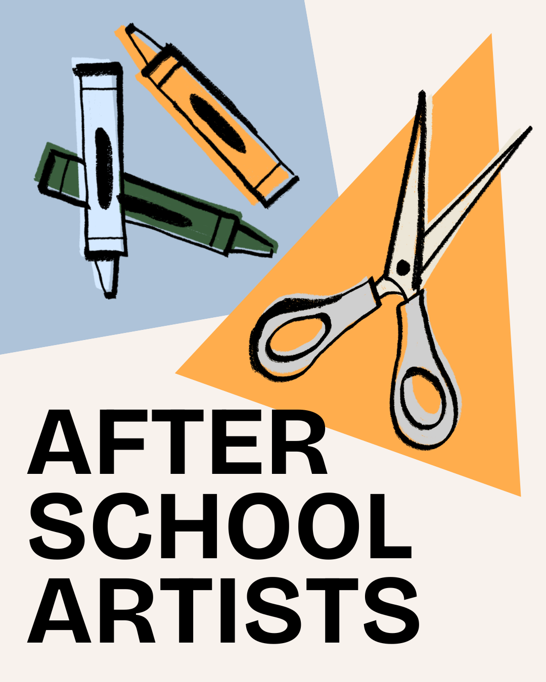 Image has drawings of scissors and crayons and reads "After School Artists".