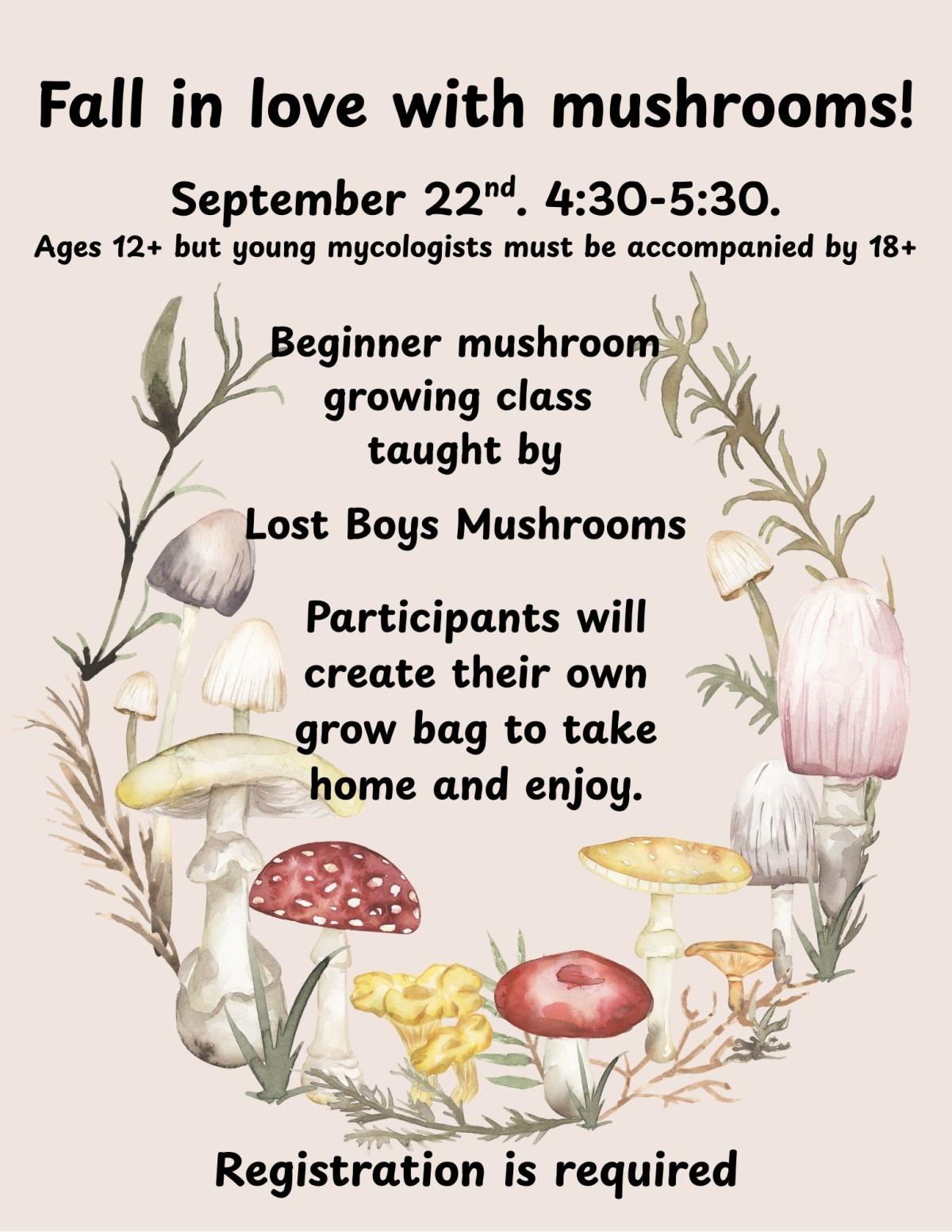 Horseshoe shape wreath of mushrooms with a pale brown background and event details.