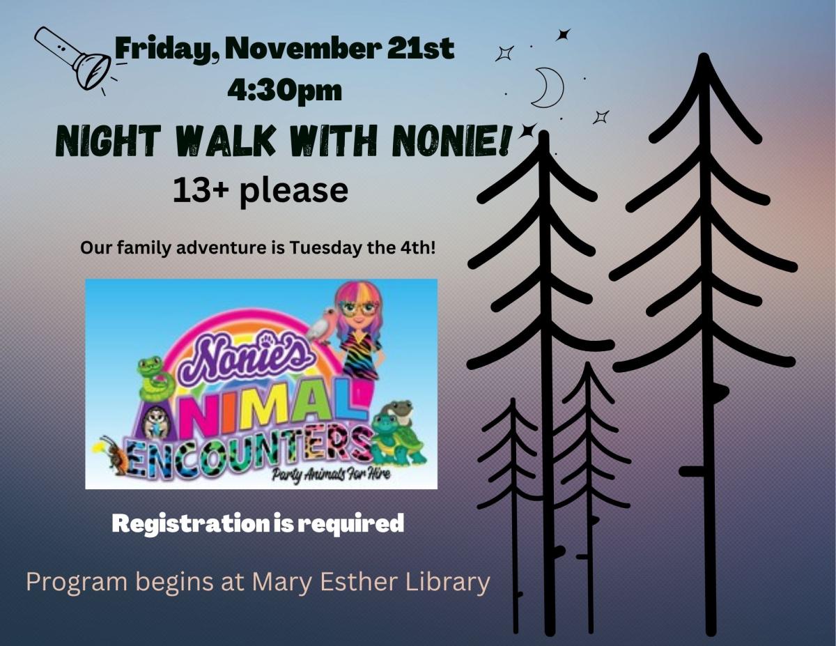 twilight trees background with Nonie's logo and event details