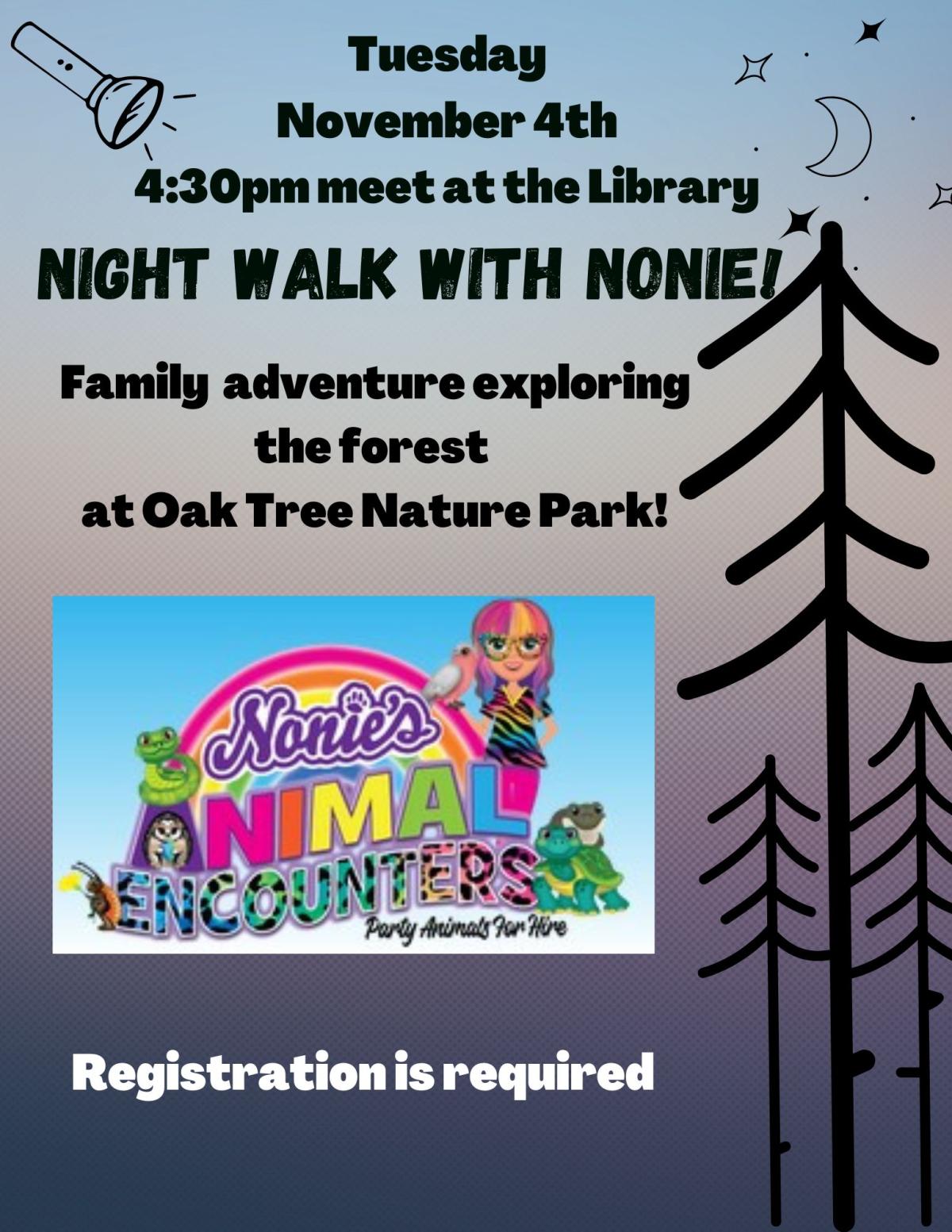 twilight tree background with Nonie's logo and event details