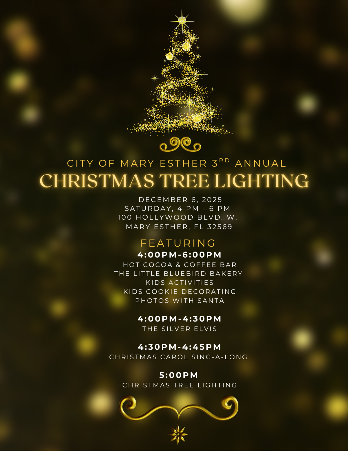 Green background with string lights and Christmas trees with event details