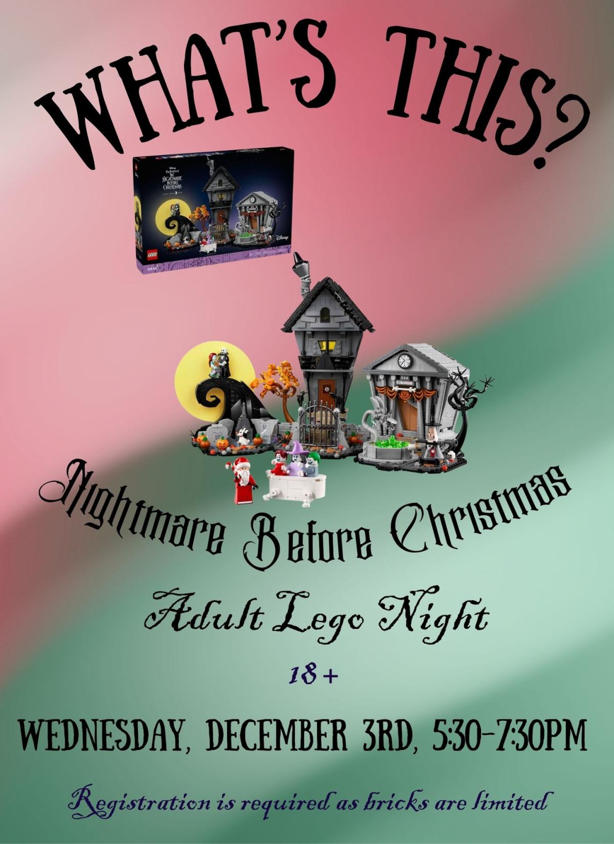 red and green background with Nightmare Before Christmas LEGO photo and event details