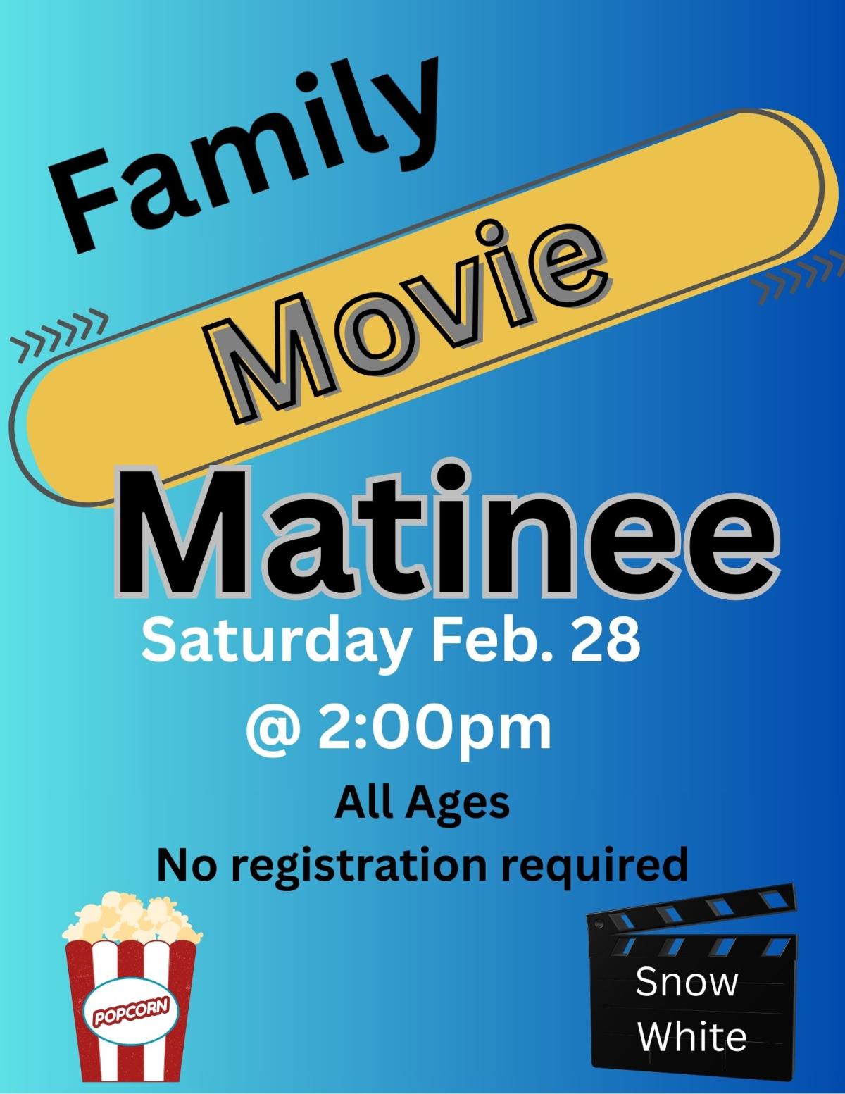 yellow long oval with Movie inside. popcorn bucket, movie sign with Snow White on sign